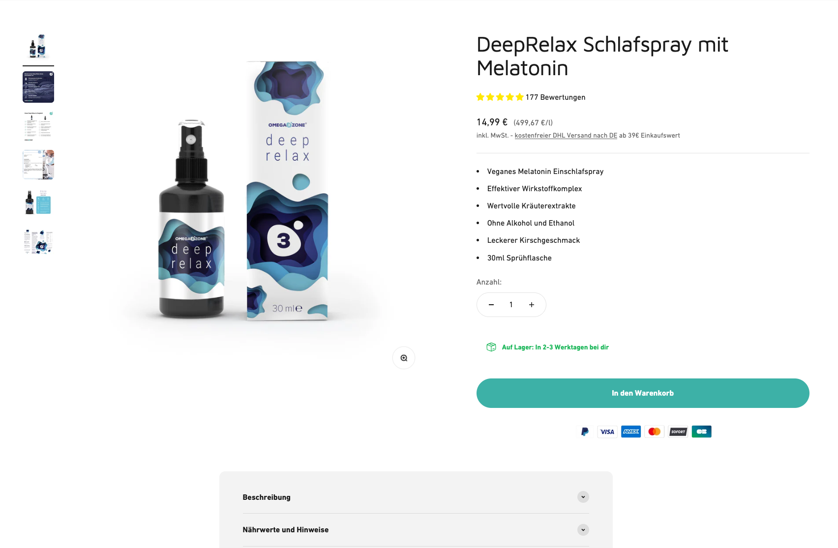 Produktdetailseite des Omega3zone DeepRelax Schlafsprays mit Melatonin, inkl. Flasche, Verpackung und Preisdetails.