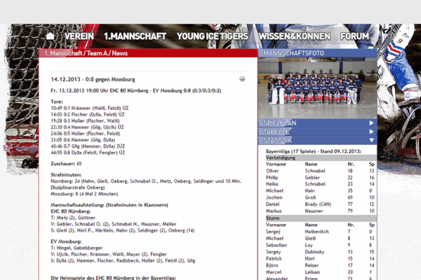 EHC 80 Nürnberg – 1. Mannschaft Spielbericht & Teamübersicht Spielbericht und Mannschaftsübersicht des EHC 80 Nürnberg: Text zu Spielstand, Torschützen und Strafminuten links, rechts Teamfoto sowie Spielplan, Tabelle und Statistik.