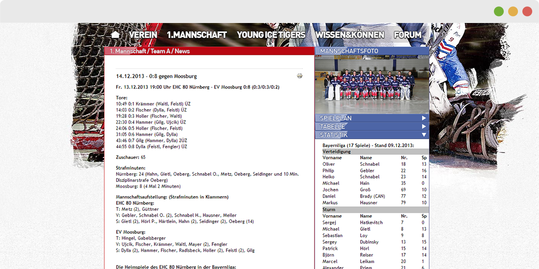 Spielbericht und Mannschaftsübersicht des EHC 80 Nürnberg: Text zu Spielstand, Torschützen und Strafminuten links, rechts Teamfoto sowie Spielplan, Tabelle und Statistik.