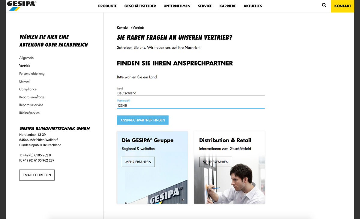 Gesipa-Vertriebskontakt-Seite mit Auswahlmenü für Fachbereiche, Eingabefeld für PLZ und Buttons zur Ansprechpartner-Suche.