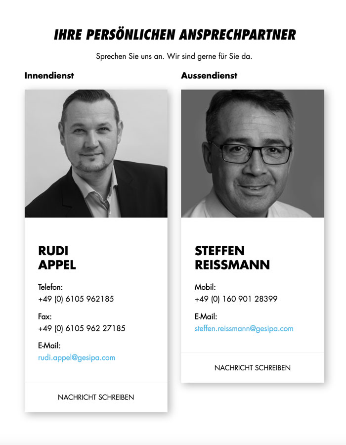 Zwei Kontaktkarten unter der Überschrift „Ihre persönlichen Ansprechpartner“ mit Fotos und Kontaktdaten von Rudi Appel (Innendienst) und Steffen Reissmann (Außendienst).