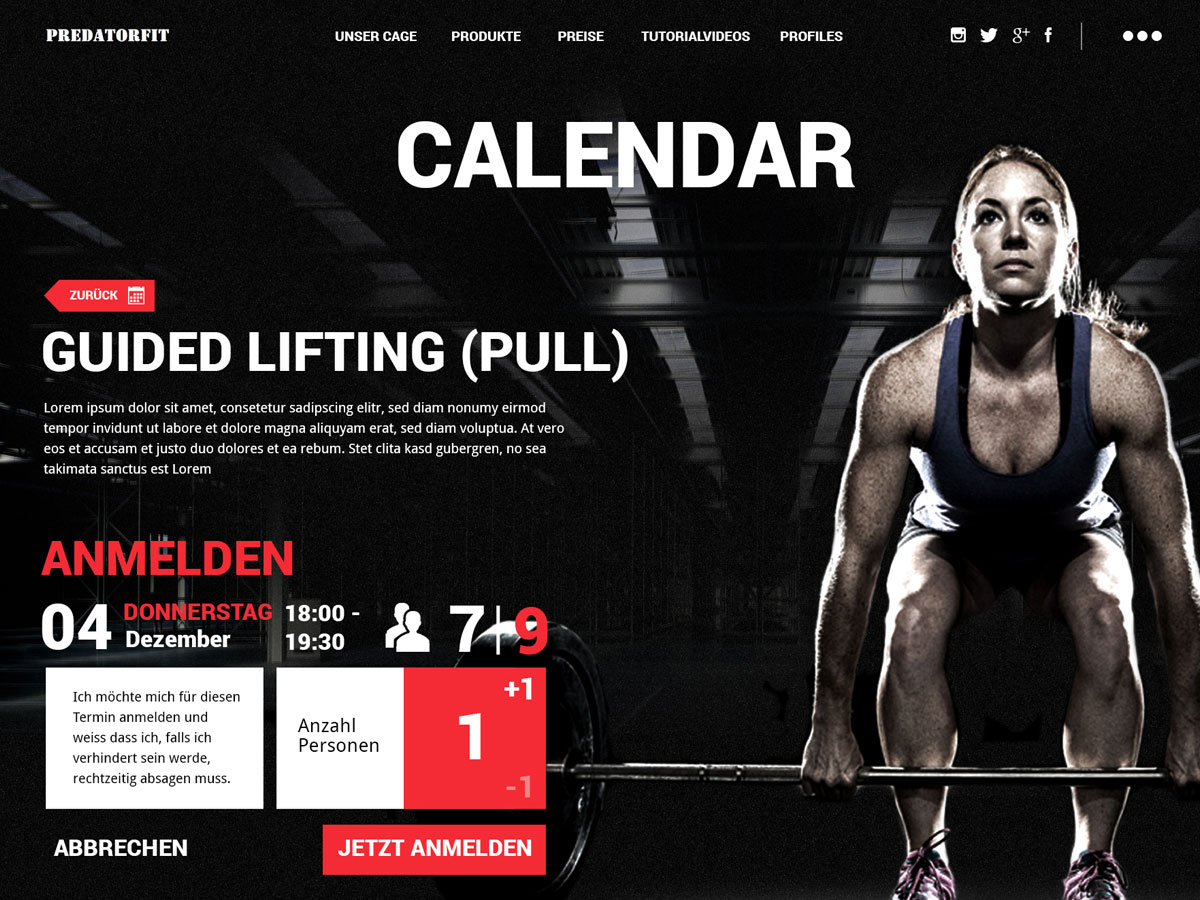 Buchungsseite für einen Guided Lifting (Pull)-Kurs mit sportlicher Frau beim Kreuzheben.