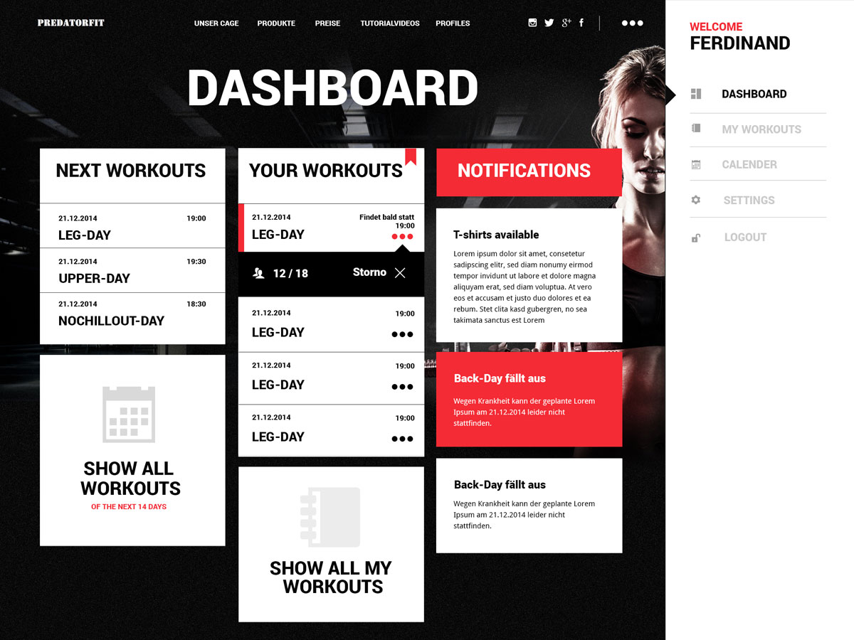 Benutzer-Dashboard einer Fitness-App mit Trainingsplan, Benachrichtigungen und Navigation.