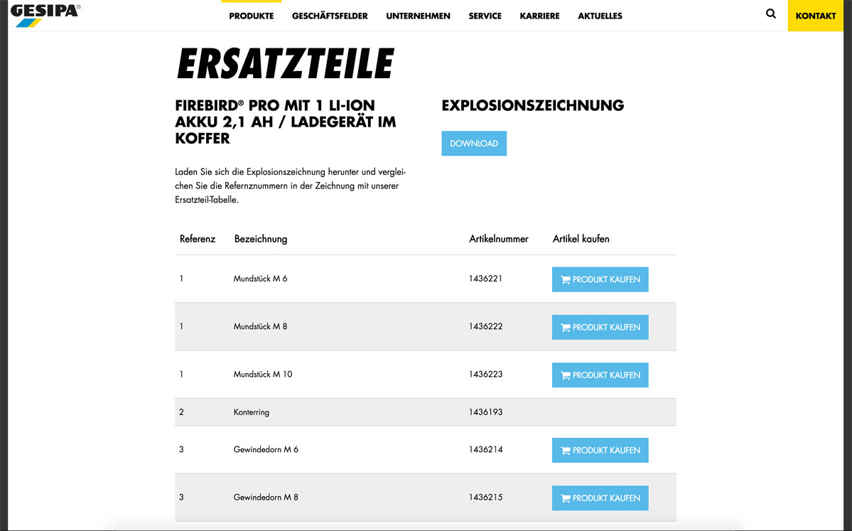 Ersatzteilübersicht für das FireBird® Pro Akkublindnietgerät mit Tabelle und Download-Button.