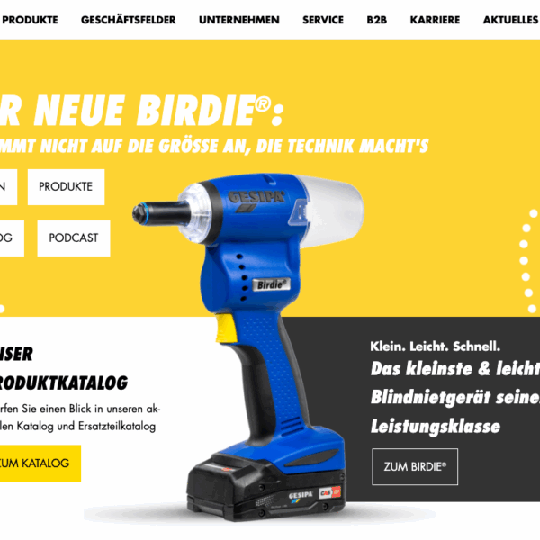 Screenshot der Gesipa-Website mit dem neuen blindeniet-Gerät „Birdie“ vor gelbem Hintergrund und Hauptnavigation