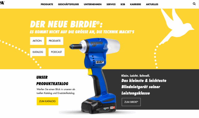 Screenshot der Gesipa-Website mit dem neuen blindeniet-Gerät „Birdie“ vor gelbem Hintergrund und Hauptnavigation
