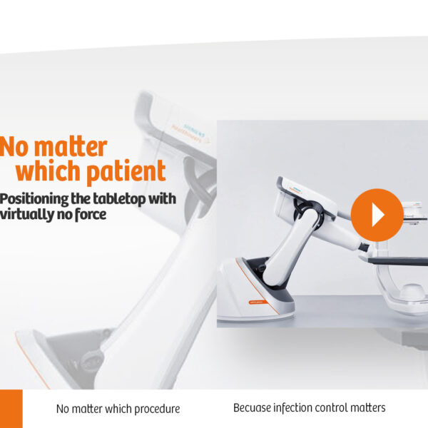 Website-Header von Siemens Healthineers mit dem Artis pheno-System, Slogan „No matter which patient“ und einem Video-Overlay des Roboter-Positionierungstisches.