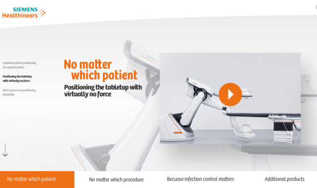 Website-Header von Siemens Healthineers mit dem Artis pheno-System, Slogan „No matter which patient“ und einem Video-Overlay des Roboter-Positionierungstisches.