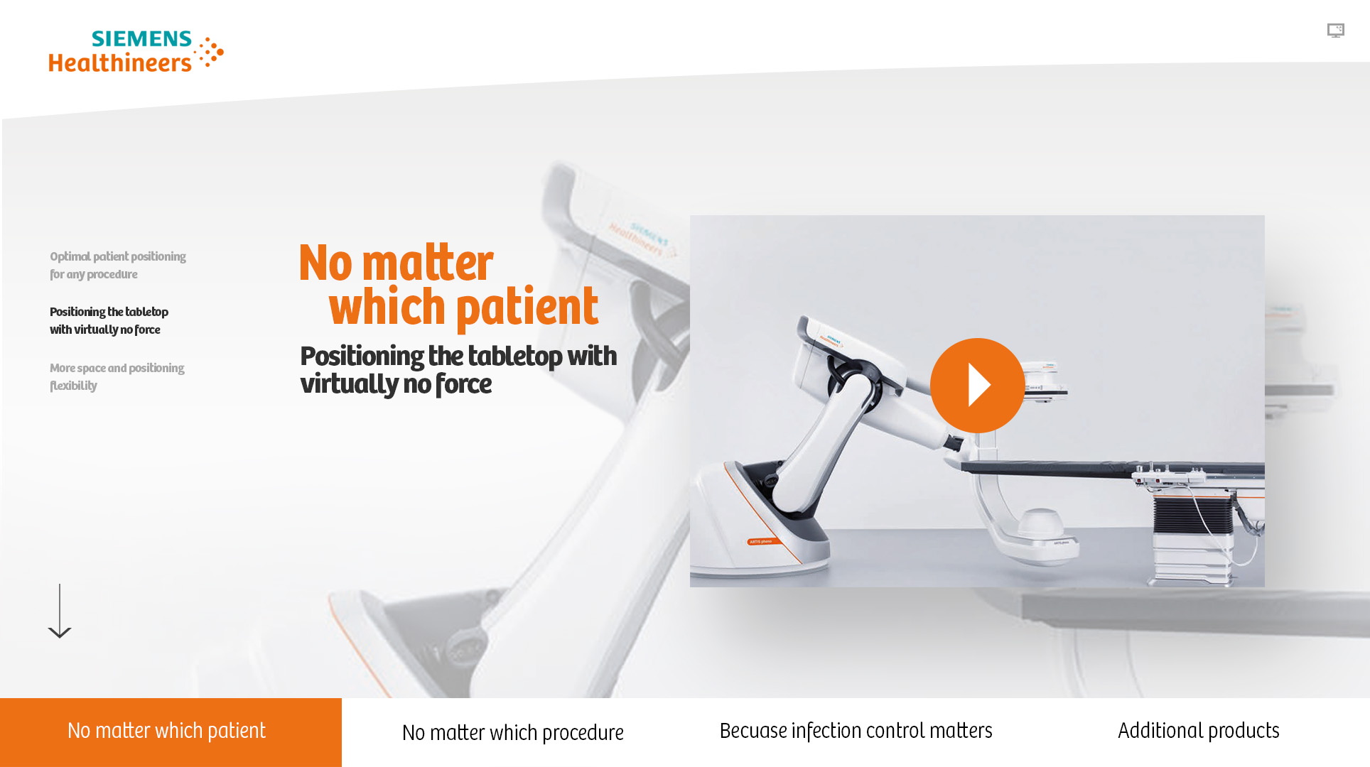 Website-Header von Siemens Healthineers mit dem Artis pheno-System, Slogan „No matter which patient“ und einem Video-Overlay des Roboter-Positionierungstisches.