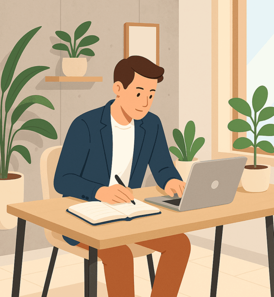 Digitale Projektarbeit im Flat-Style Illustration eines Mannes im modernen Büro beim Arbeiten am Laptop