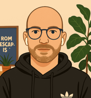 Flat-Style Illustration eines modernen Mannes im Homeoffice Comic-Stil-Porträt eines Mannes mit Brille, Bart und schwarzem Adidas-Hoodie vor Zimmerpflanzen und Wandbild.