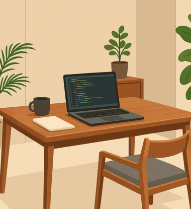 Flat-Design Illustration eines modernen, begrünten Arbeitsplatzes Comic-Stil-Illustration eines minimalistischen Homeoffice mit Holzschreibtisch, Laptop, Pflanzen und Notizbuch.