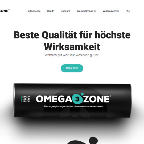 Startseite von Omega3zone mit großem Produkt-Tubus, Hauptnavigation und Slogan „Beste Qualität für höchste Wirksamkeit“.