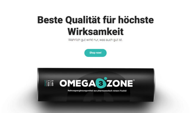 Startseite von Omega3zone mit großem Produkt-Tubus, Hauptnavigation und Slogan „Beste Qualität für höchste Wirksamkeit“.