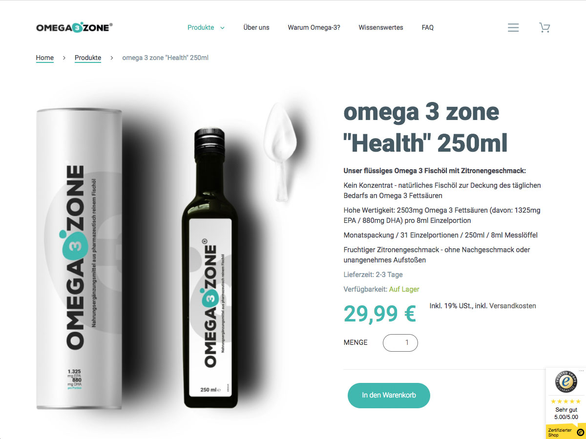 Produktdetailseite der Omega3zone “Health” 250 ml Fischöl in Flasche mit Umverpackung und Dosierlöffel.