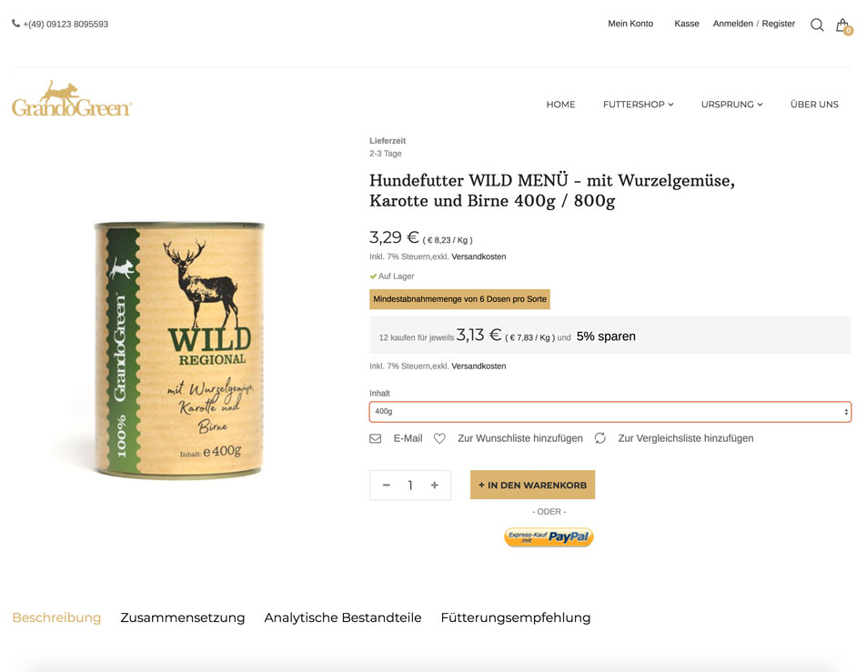 GrandoGreen Hundefutter “WILD Menü” Dose mit Wurzelgemüse, Karotte und Birne.