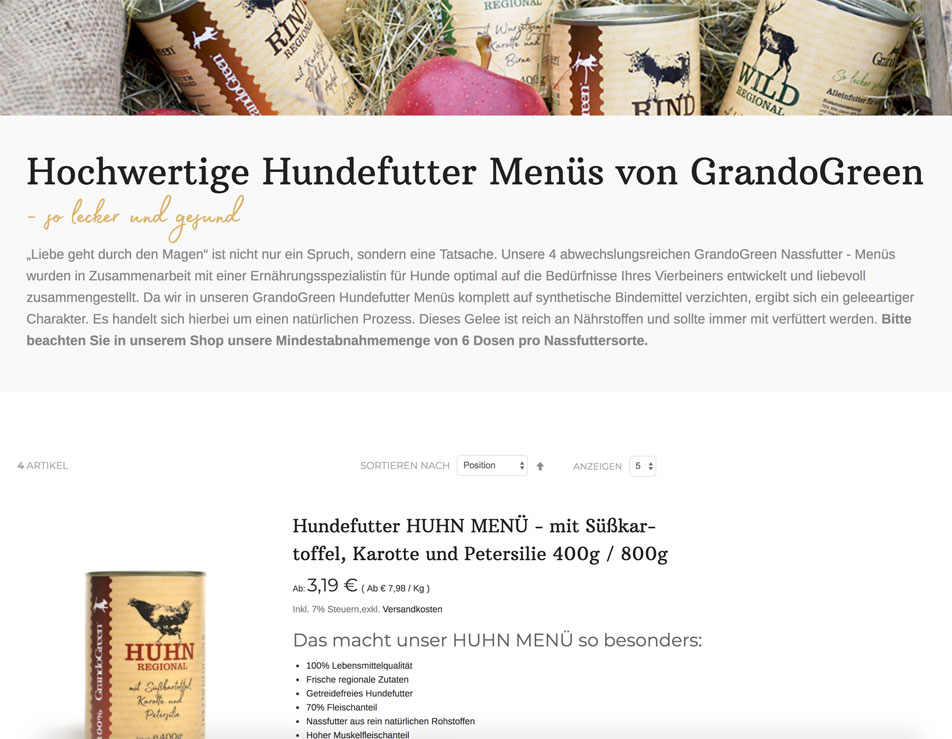 Produktkategorie-Seite von GrandoGreen mit Soldaten-Dosen Hundefutter und Beschreibungstext
