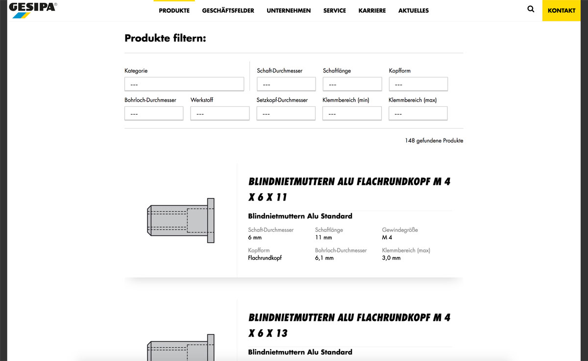 Produktfilter und -liste auf der Gesipa-Website mit Eingabefeldern für Kategorie, Abmessungen und Material sowie ersten Suchergebnissen für Blindnietmuttern.