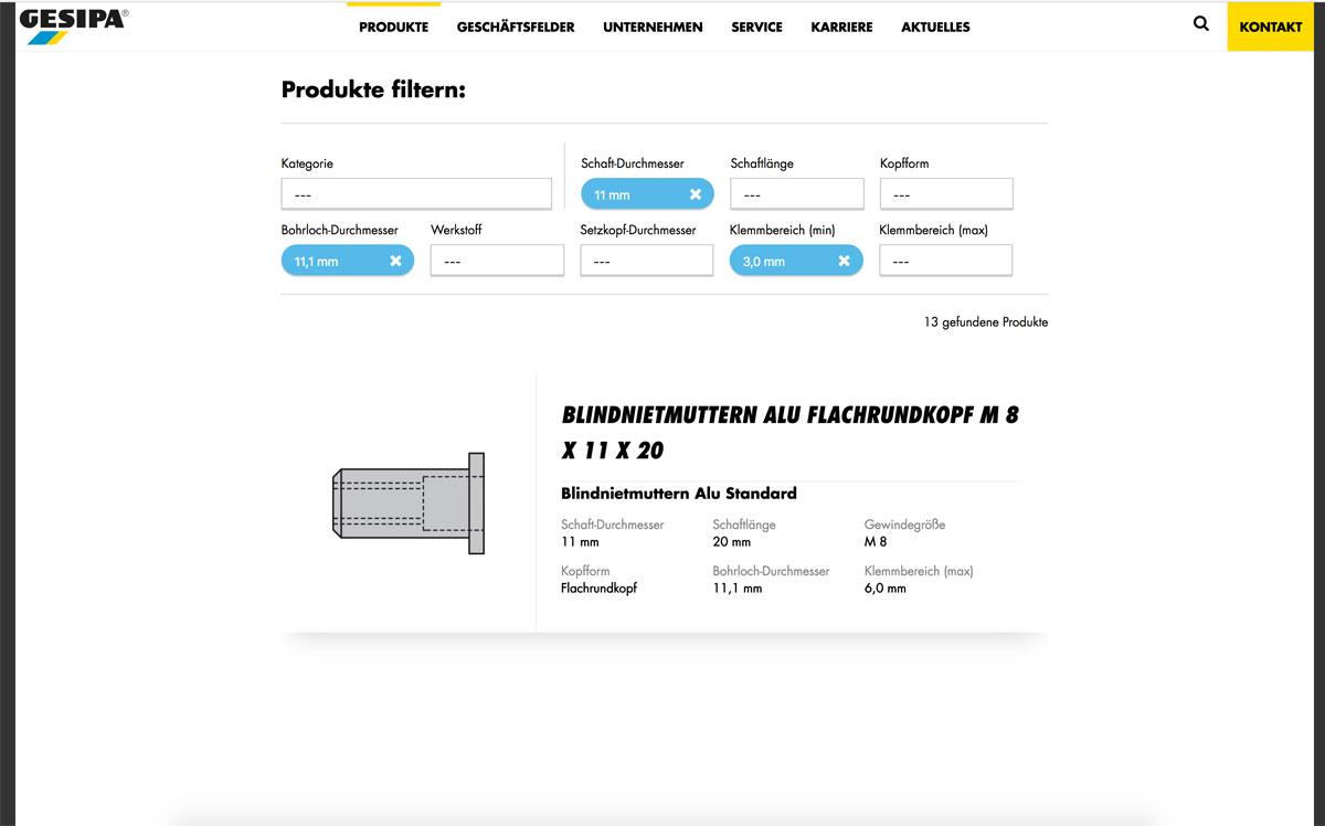 Gefilterte Produktsuche auf der Gesipa-Website mit aktivem Filter für Bohrloch-Ø 11,1 mm, Schaft-Ø 11 mm und Klemmbereich min. 3,0 mm sowie Anzeige des ersten Suchergebnisses einer Aluminium-Blindnietmutter Flachrundkopf M 8 × 11 × 20.