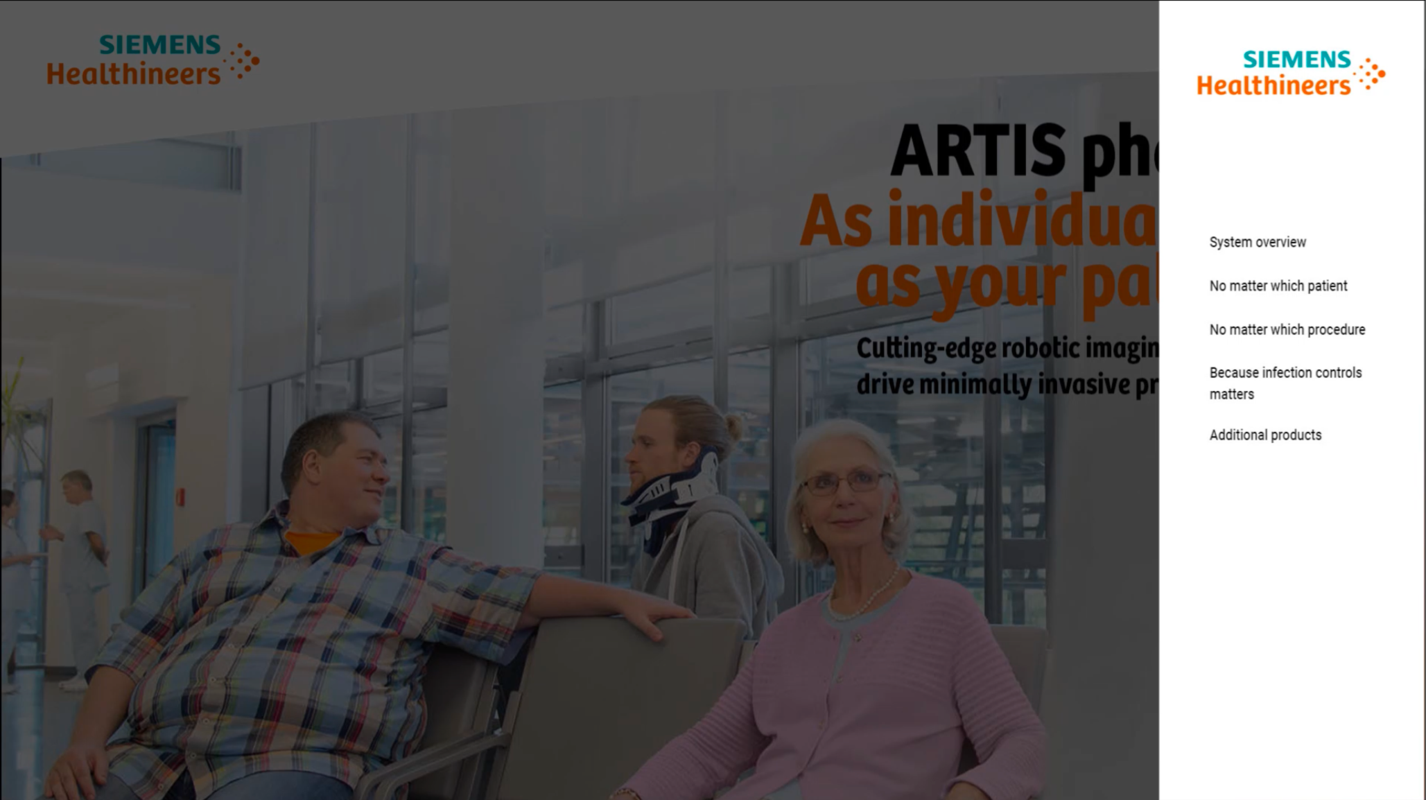 Drei Patienten in einem Klinik-Wartebereich vor einem halbtransparent eingeblendeten Siemens Healthineers ARTIS pheno-Header mit Menü
