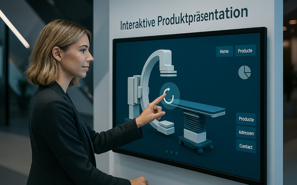 Frau berührt ein Touchscreen-Display mit einer 3D-Ansicht eines medizinischen C-Arm-Bildgebungssystems.