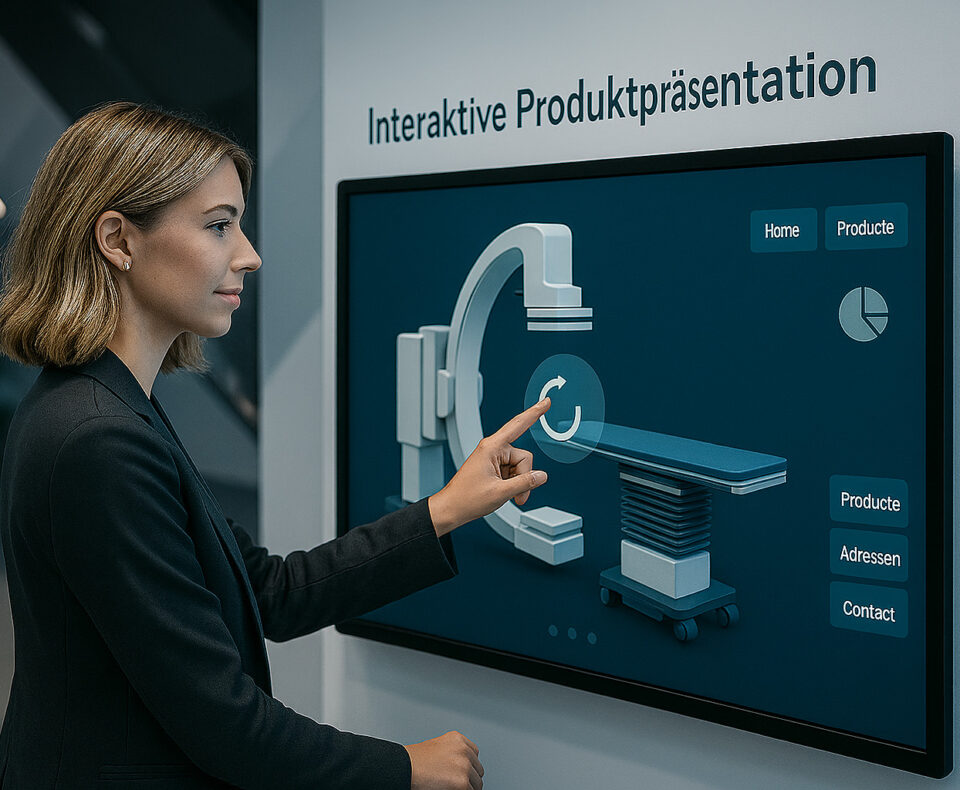 Interaktive Produktpräsentation eines C-Arm-Bildgebungssystems Frau berührt ein Touchscreen-Display mit einer 3D-Ansicht eines medizinischen C-Arm-Bildgebungssystems.