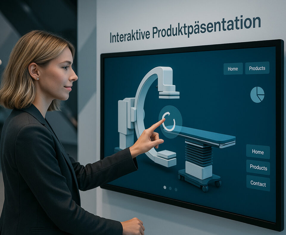 Interaktive Produktpräsentation eines C-Arm-Bildgebungssystems Frau berührt ein Touchscreen-Display mit einer 3D-Ansicht eines medizinischen C-Arm-Bildgebungssystems.
