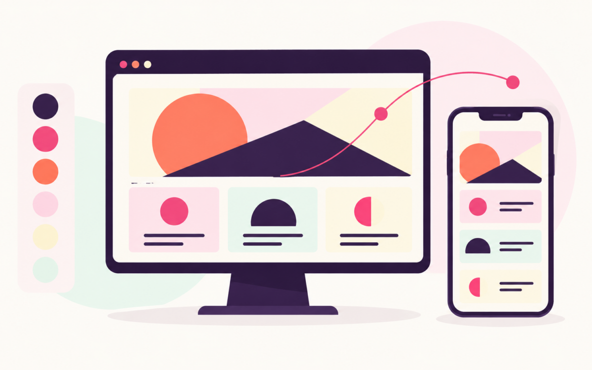 Desktop- und Smartphone-Ansicht einer abstrakten Website mit Farbpalette als Illustration für responsives B2B-Webdesign.
