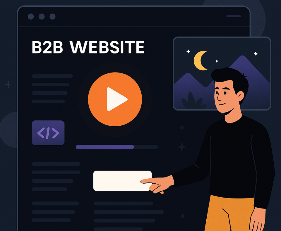 Webdesign-Trends 2026: Interaktive B2B-Erlebnisse im Dark Mode Illustration eines modernen B2B-Webdesigns im Dark Mode mit interaktiven Elementen und Mikro-Animationen, dargestellt durch einen Nutzer, der mit einer stilisierten Website-Oberfläche interagiert.