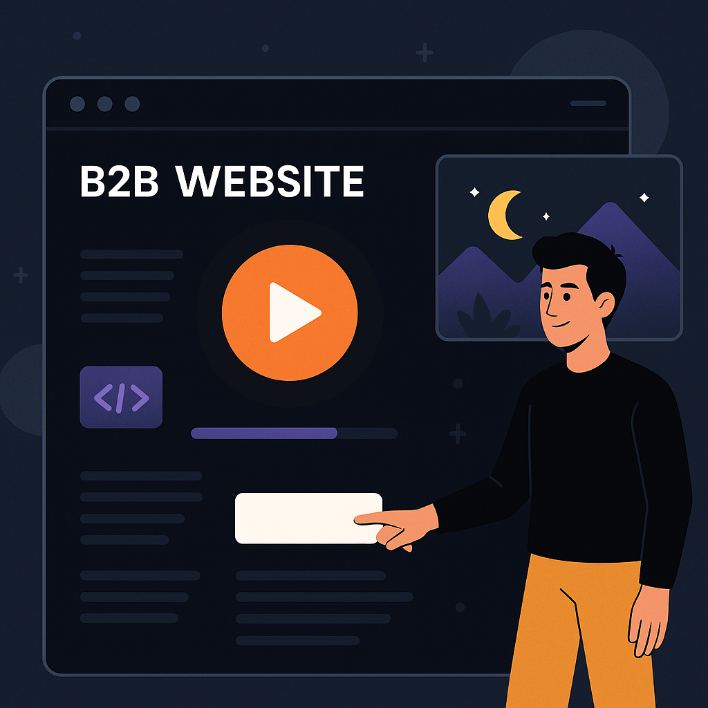 Illustration eines modernen B2B-Webdesigns im Dark Mode mit interaktiven Elementen und Mikro-Animationen, dargestellt durch einen Nutzer, der mit einer stilisierten Website-Oberfläche interagiert.