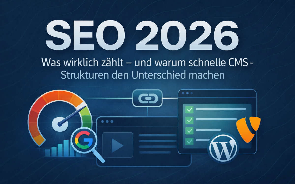 Illustration einer modernen Website-Struktur mit schnellen Ladezeiten und klarer Benutzerführung, stellvertretend für SEO-optimierte CMS-Architekturen 2026