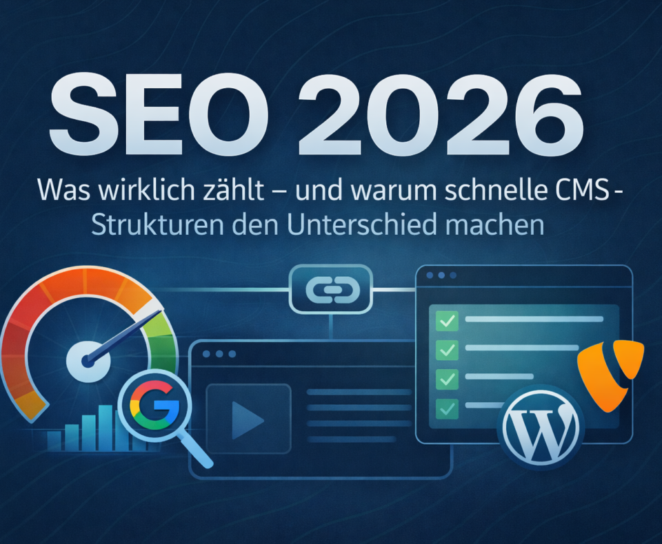 Illustration einer modernen Website-Struktur mit schnellen Ladezeiten und klarer Benutzerführung, stellvertretend für SEO-optimierte CMS-Architekturen 2026