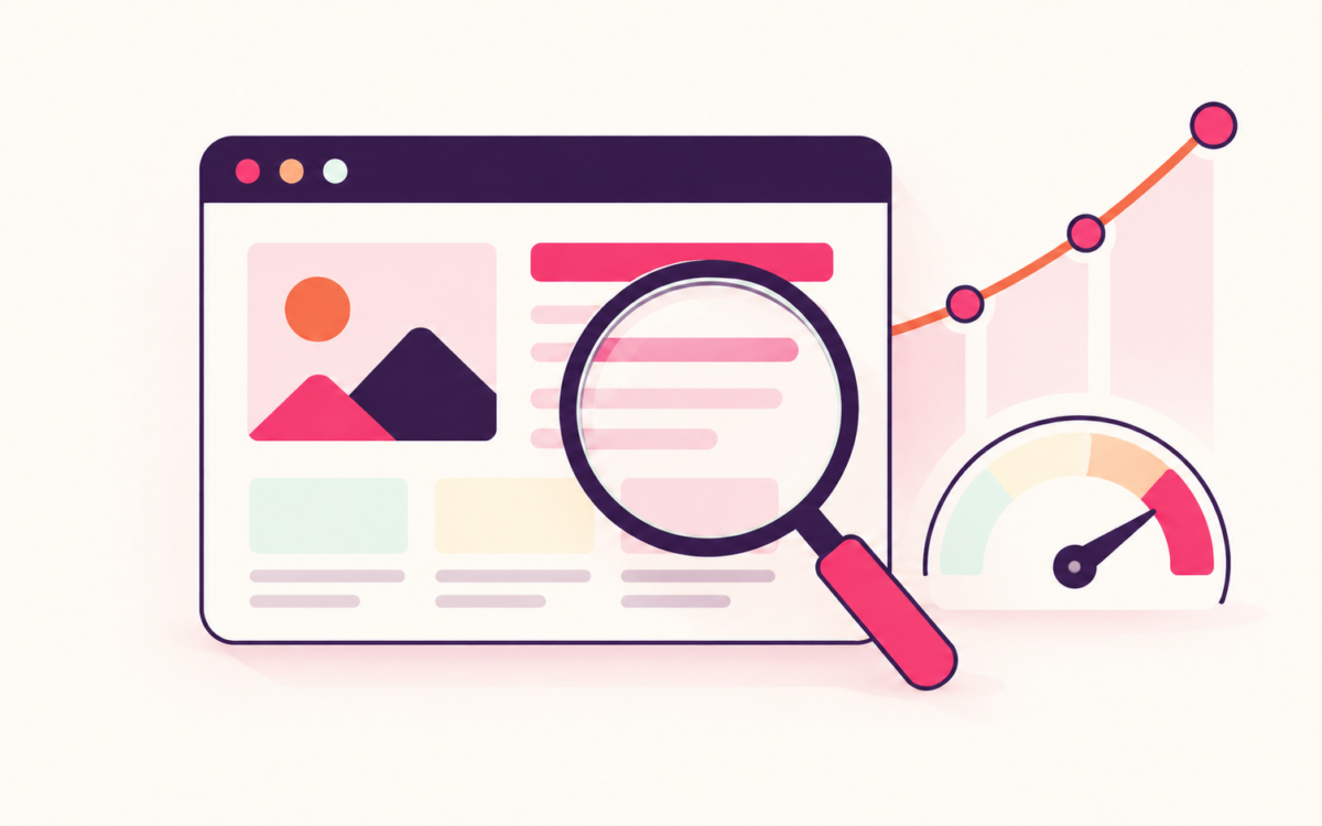 Browserfenster mit Lupe, Entwicklungskurve und Geschwindigkeitsanzeige als Illustration von Website-Qualität und Suchsichtbarkeit.