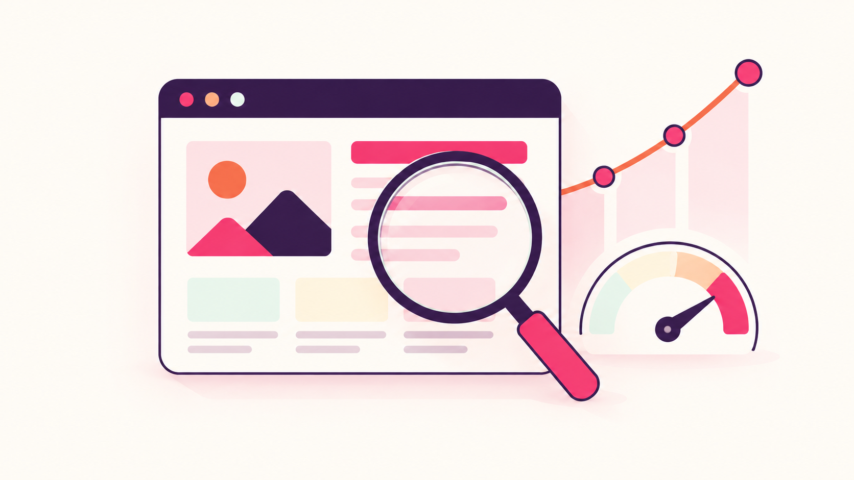 Browserfenster mit Lupe, Entwicklungskurve und Geschwindigkeitsanzeige als Illustration von Website-Qualität und Suchsichtbarkeit.