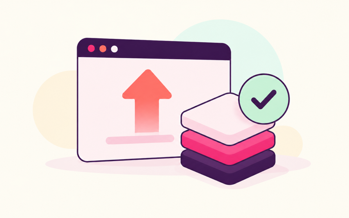 Schematische Illustration eines CMS-Upgrades mit Browserfenster, Update-Pfeil, Softwareebenen und Prüfzeichen.