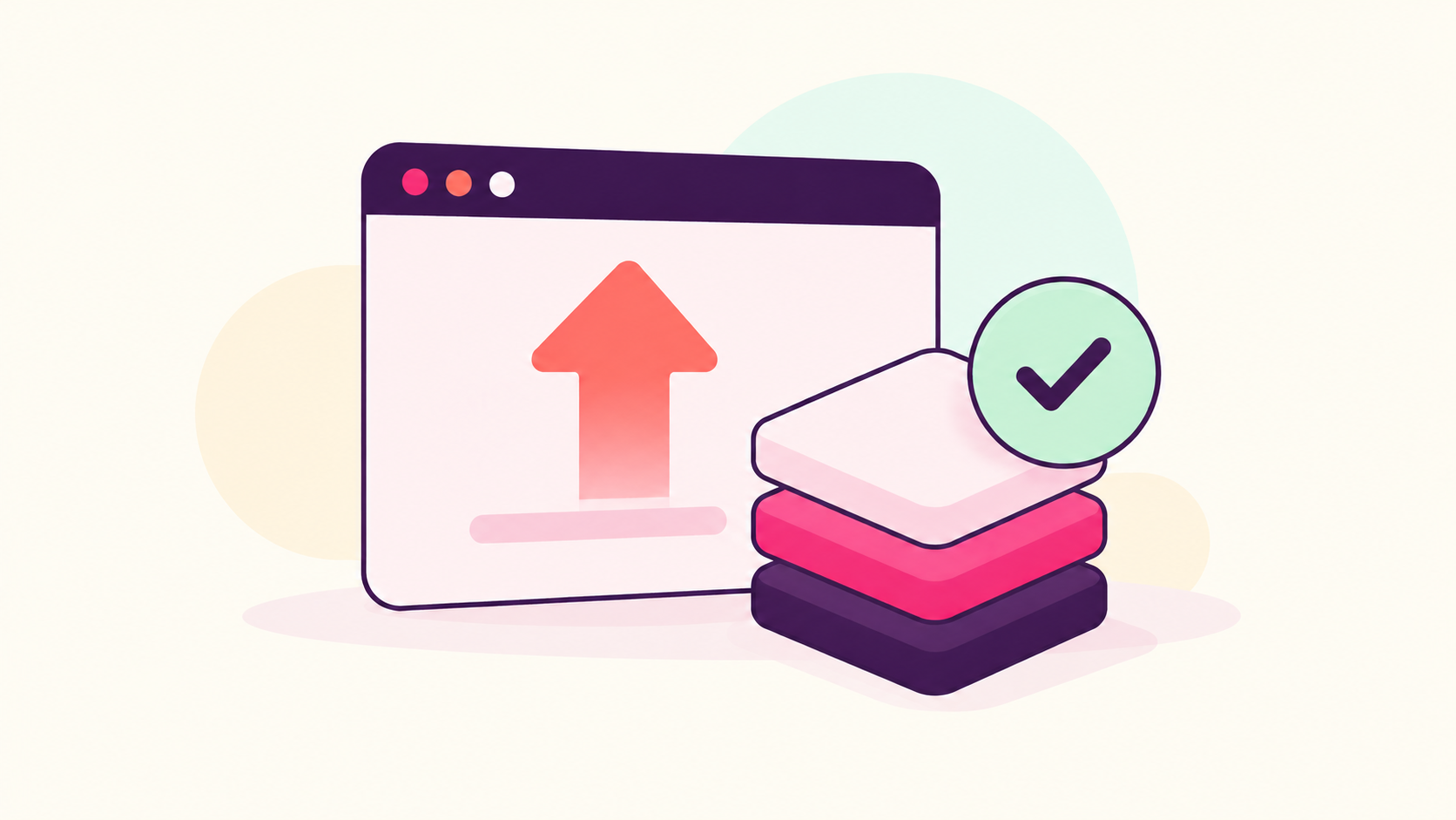 Schematische Illustration eines CMS-Upgrades mit Browserfenster, Update-Pfeil, Softwareebenen und Prüfzeichen.