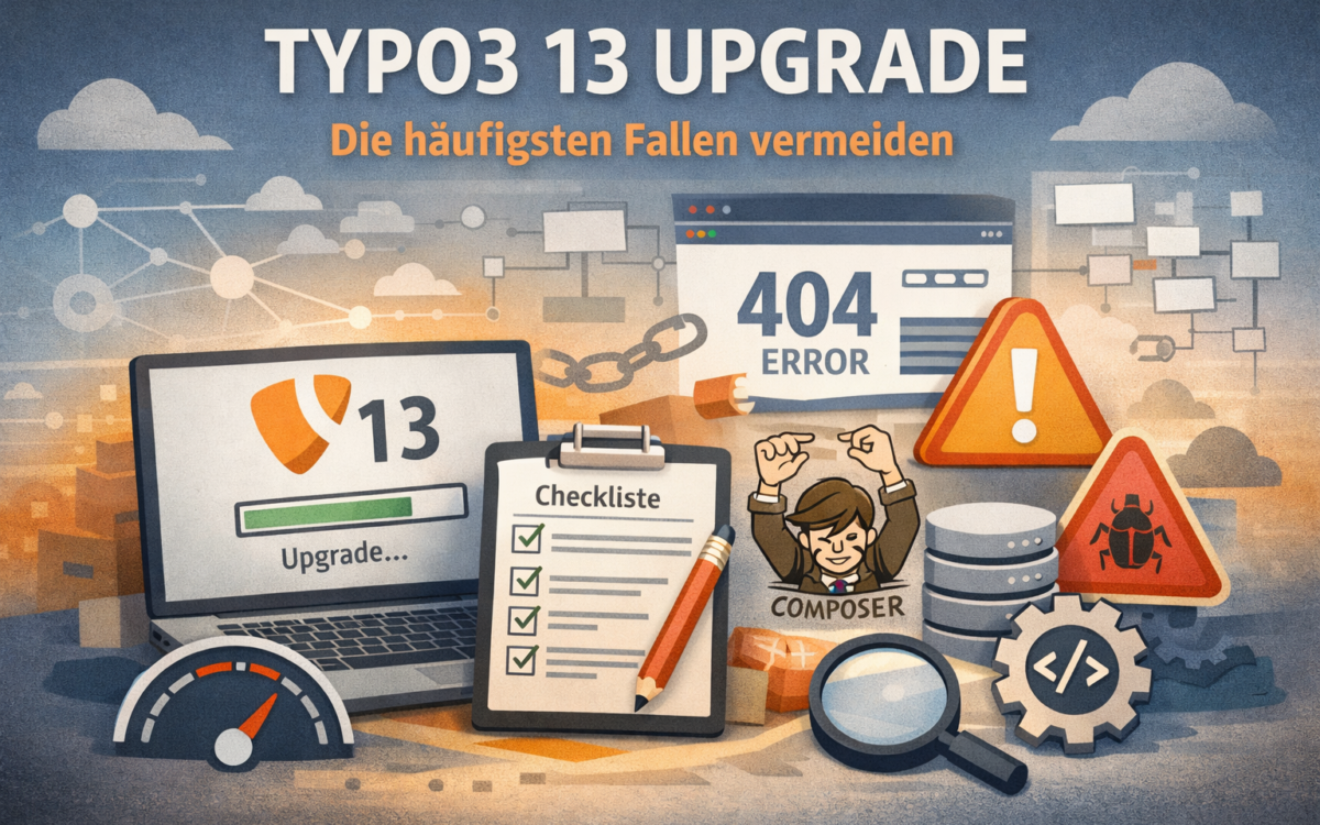 Illustration zum TYPO3 13 Upgrade: Laptop mit Upgrade-Fortschritt, Checkliste, Warnsymbole und Hinweis auf typische Stolpersteine wie 404-Fehler und Composer.