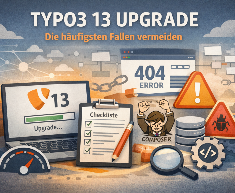 Illustration zum TYPO3 13 Upgrade: Laptop mit Upgrade-Fortschritt, Checkliste, Warnsymbole und Hinweis auf typische Stolpersteine wie 404-Fehler und Composer.