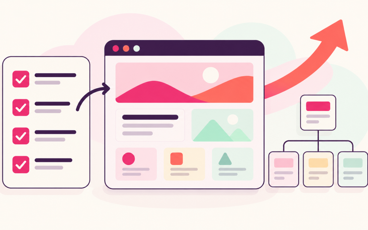 Browserfenster mit Checkliste, Seitenstruktur und Startpfeil als schematische Illustration eines geplanten Website-Relaunches.