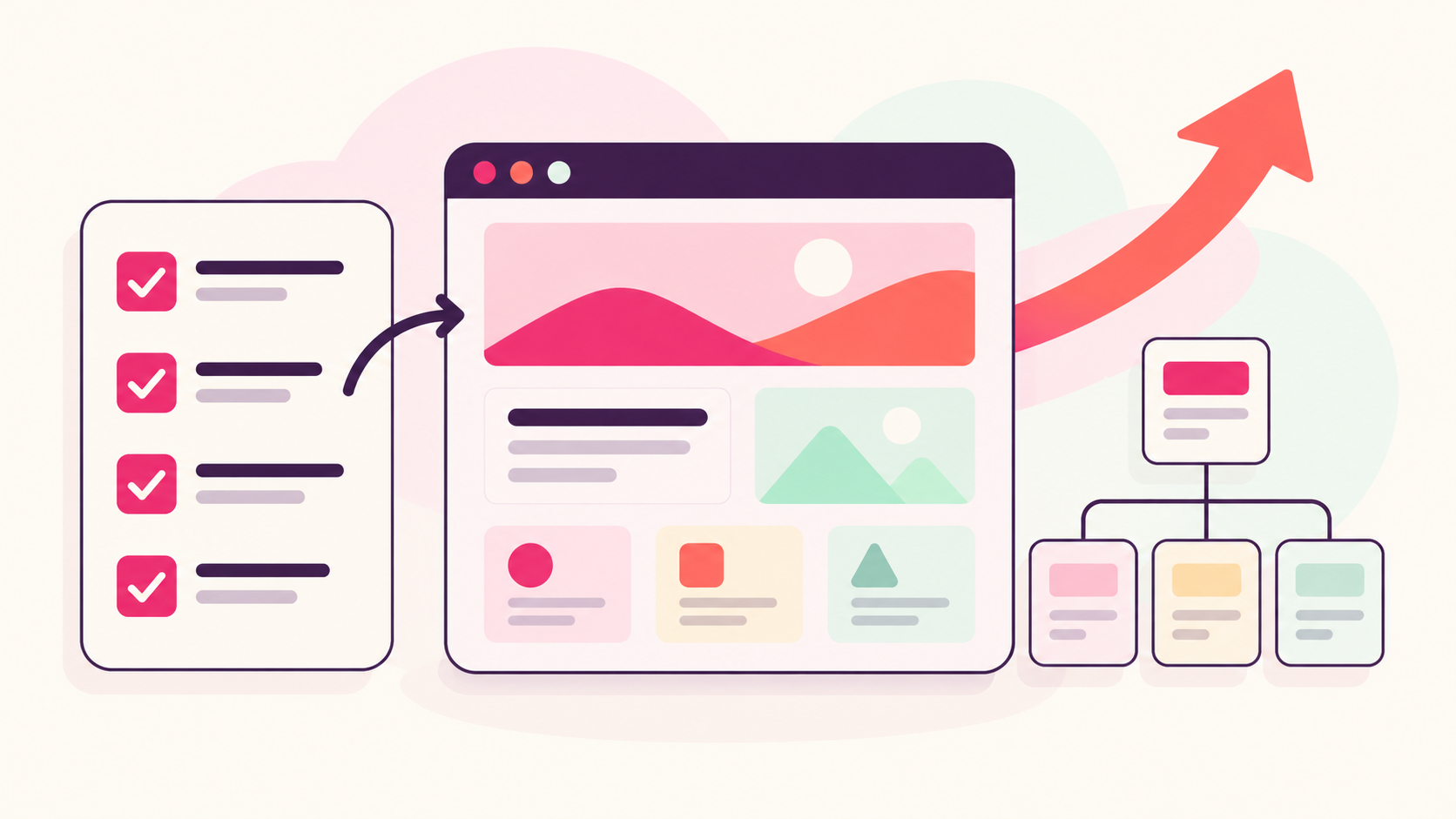 Browserfenster mit Checkliste, Seitenstruktur und Startpfeil als schematische Illustration eines geplanten Website-Relaunches.