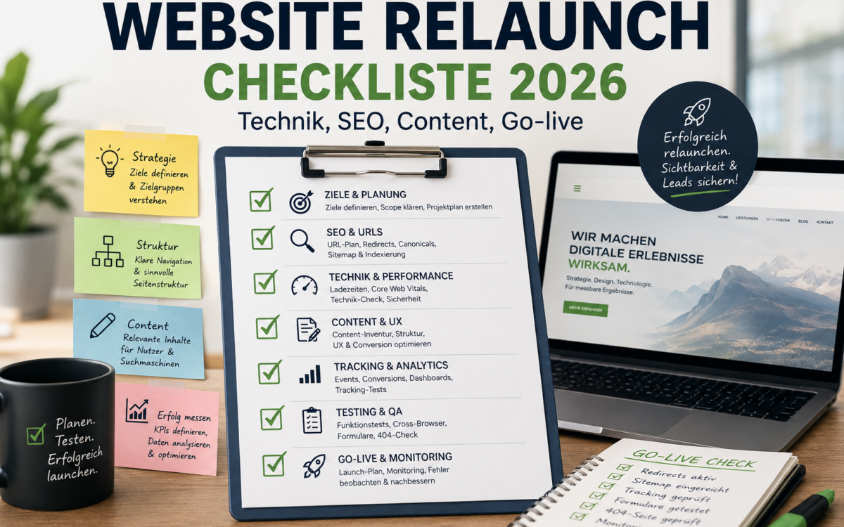 Website Relaunch Checkliste 2026 als visuelle Übersicht: Clipboard mit Checkliste zu Technik, SEO, Content und Go-live, daneben Laptop im modernen Büro-Setup.