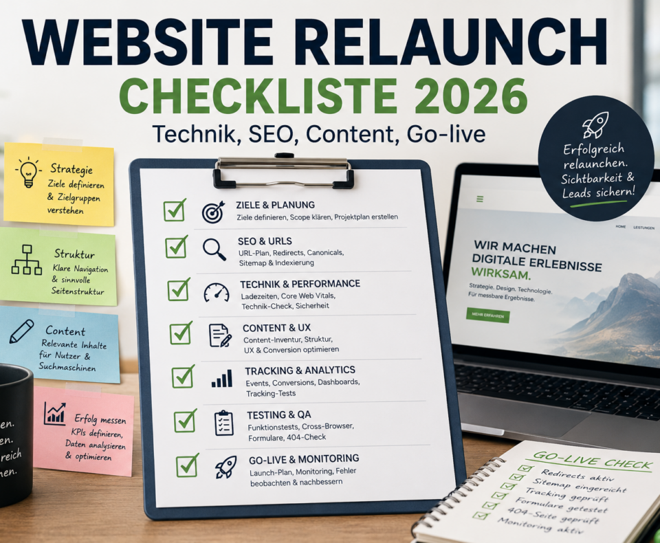 Website Relaunch Checkliste 2026 als visuelle Übersicht: Clipboard mit Checkliste zu Technik, SEO, Content und Go-live, daneben Laptop im modernen Büro-Setup.