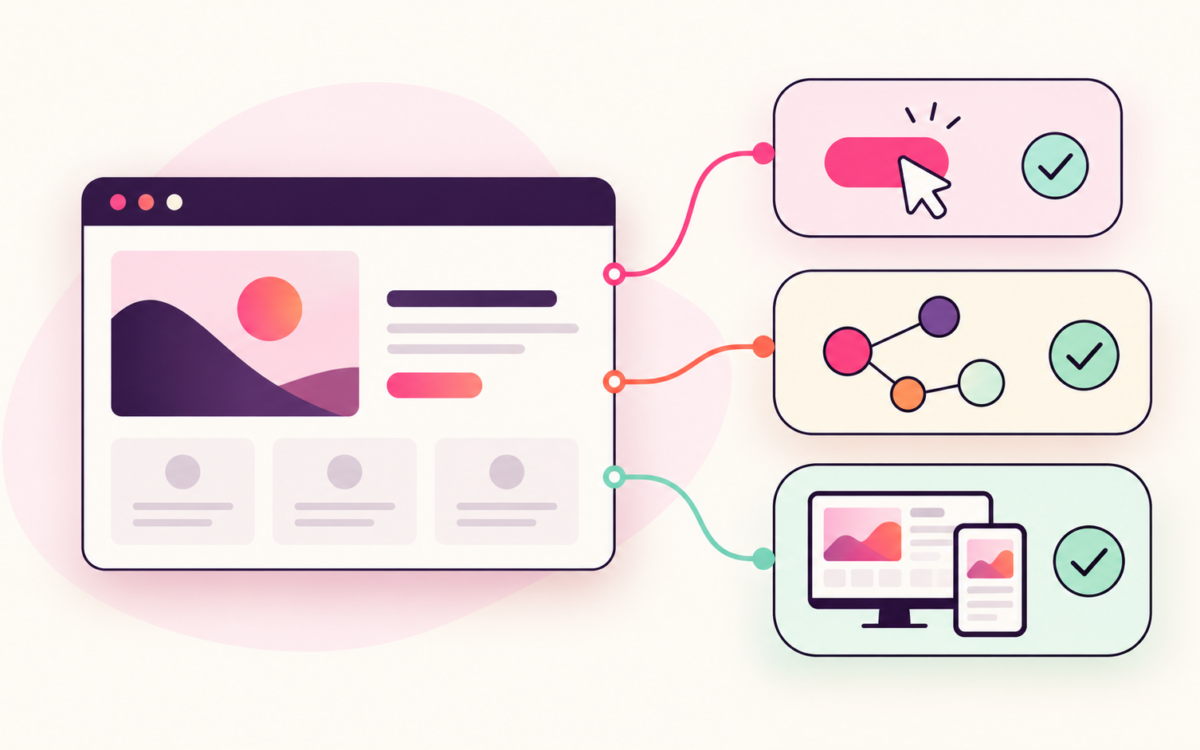 Schematische Illustration zu automatisierten TYPO3-Tests: Browserfenster mit Prüfungen für Funktionen, Schnittstellen und responsive Layouts.