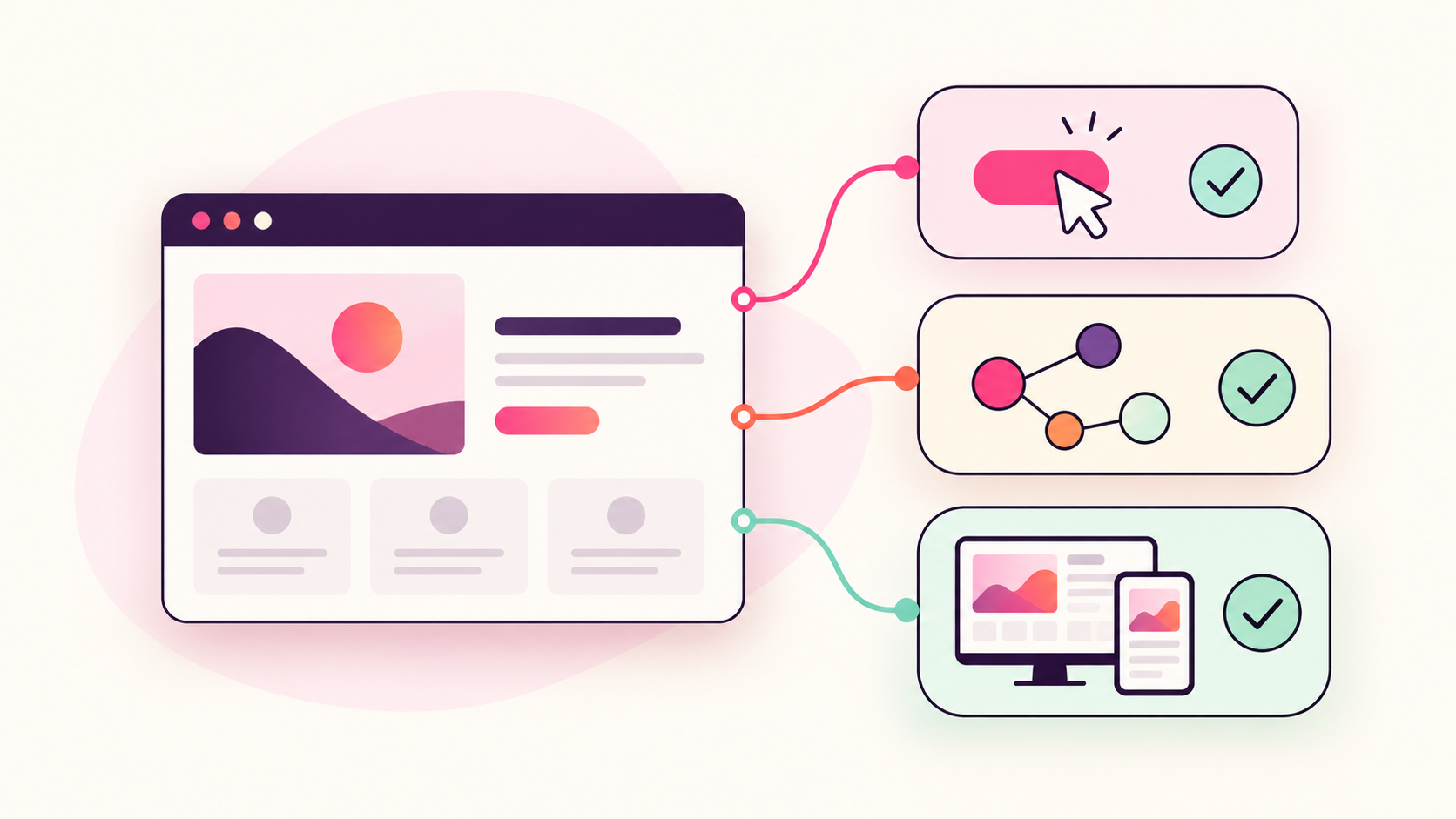 Schematische Illustration zu automatisierten TYPO3-Tests: Browserfenster mit Prüfungen für Funktionen, Schnittstellen und responsive Layouts.