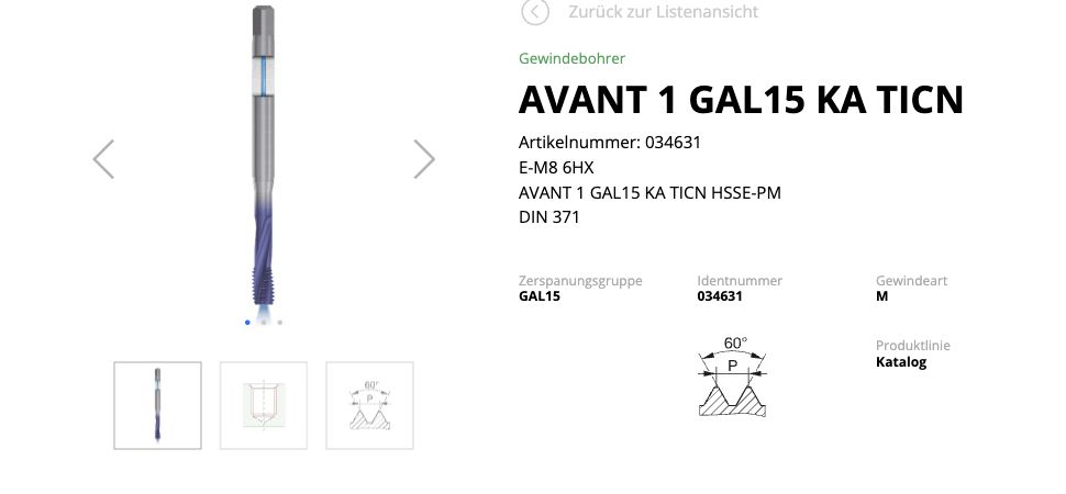 BASS-Produktdetail mit Werkzeugabbildung, Artikelnummer und technischen Merkmalen.