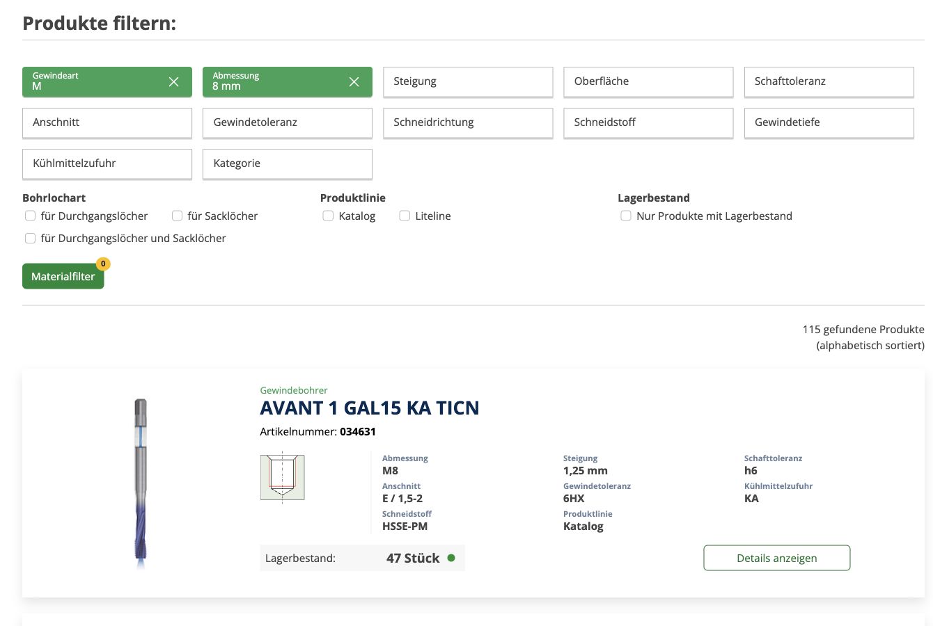 BASS-Webshop: Gewindebohrer nach Gewindeart M und Abmessung 8 mm gefiltert.