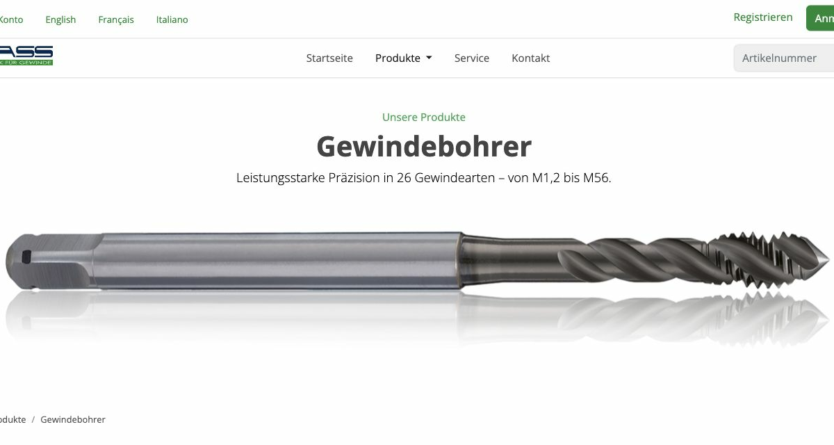 BASS-Webshop: Sortimentsseite für Gewindebohrer mit Navigation und Produktabbildung.