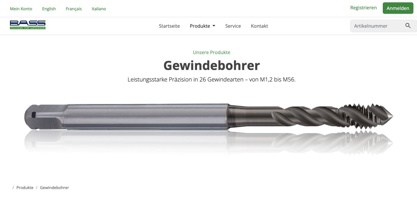 BASS-Webshop: Sortimentsseite für Gewindebohrer mit Navigation und Produktabbildung.